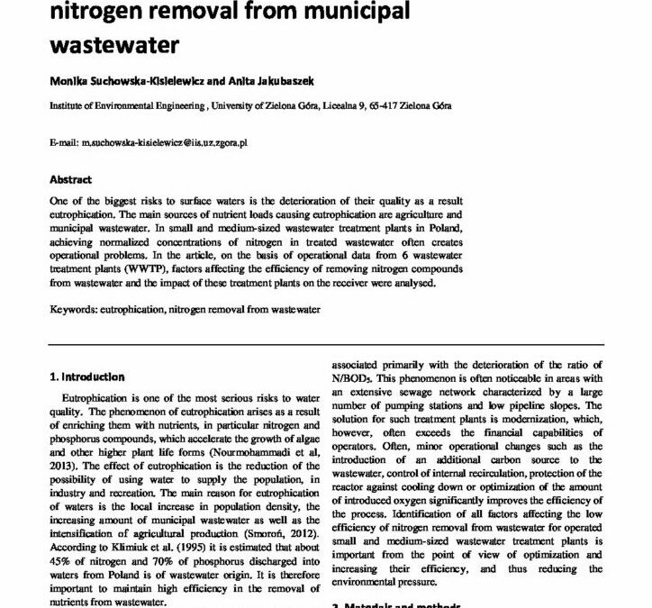 Assessment of the efficiency of nitrogen removal from municipal wastewater