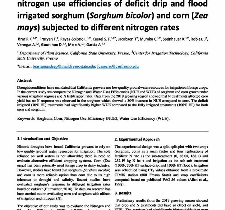 Comparing yield, nutritional quality, water and nitrogen use efficiencies of deficit drip and flood irrigated sorghum
